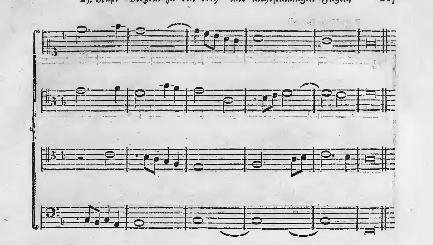 Notenbeispiel gedr. S. 207: Fortsetzung und Schluß der Fuga I. in F dur a quattro