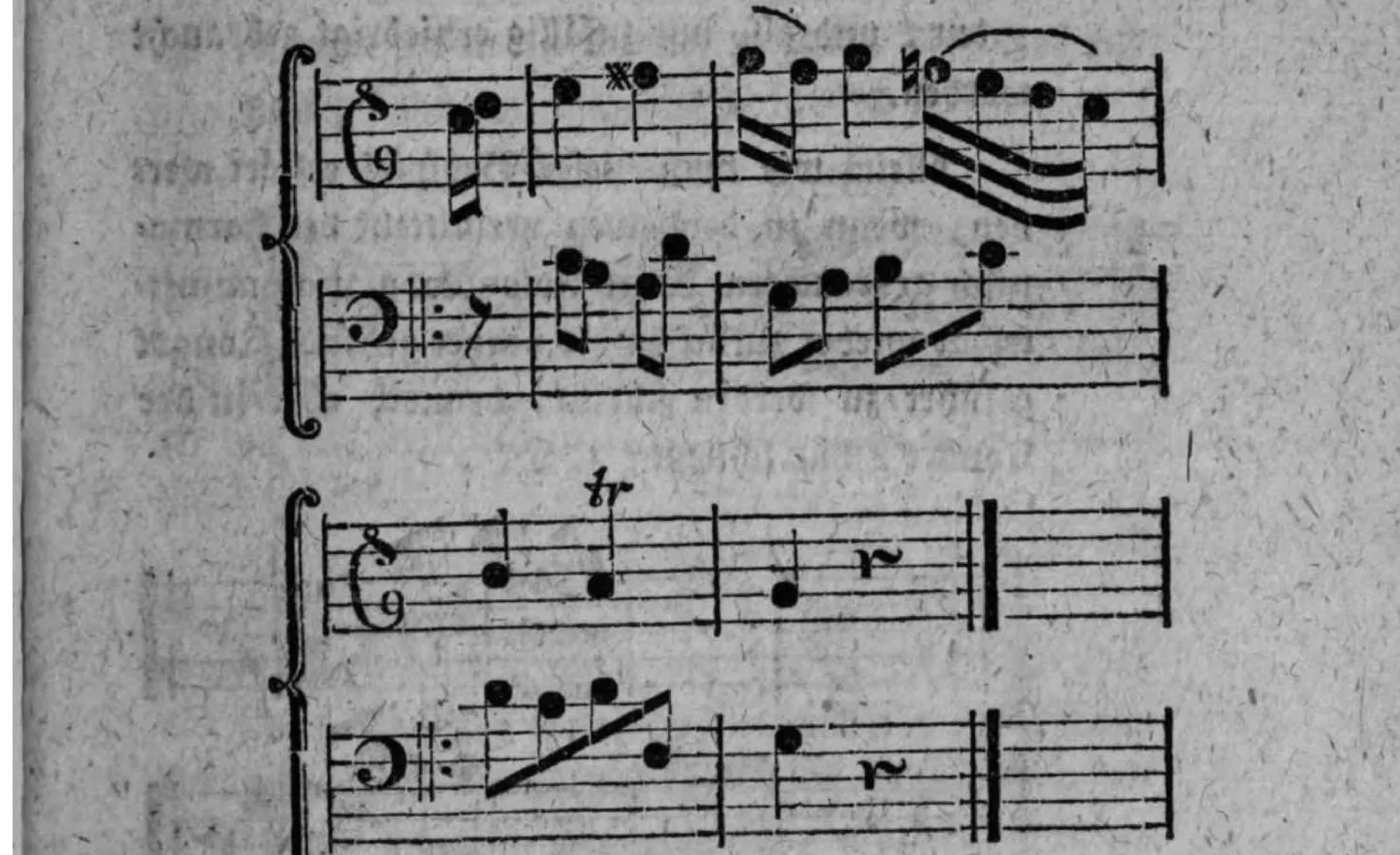 Notenbeyspiel: zweistimmiges Beispiel (Violin- und Baßschlüssel) über zwei Notensysteme, in welchem der Ton fis nach dem ersten Takt zwar wieder abgeändert wird, ohne daß dadurch der Fortgang der Tonart g dur aufgehoben würde; das erste System schließt ohne Schlußstrich und wird im zweiten System (mit Triller) fortgeführt und mit Schlußzeichen beendet
