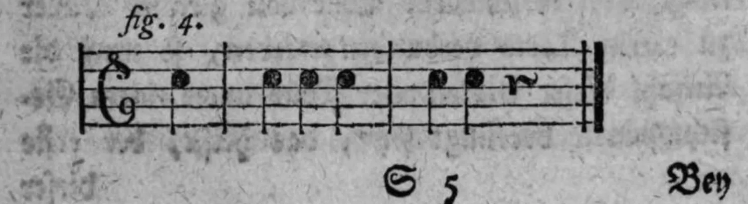 Notenbeyspiel: fig. 4., dieselben sechs Töne, in Tacte abgetheilt mit dem Ruhepunct der Vorstellung auf der zweyten und fünften Note