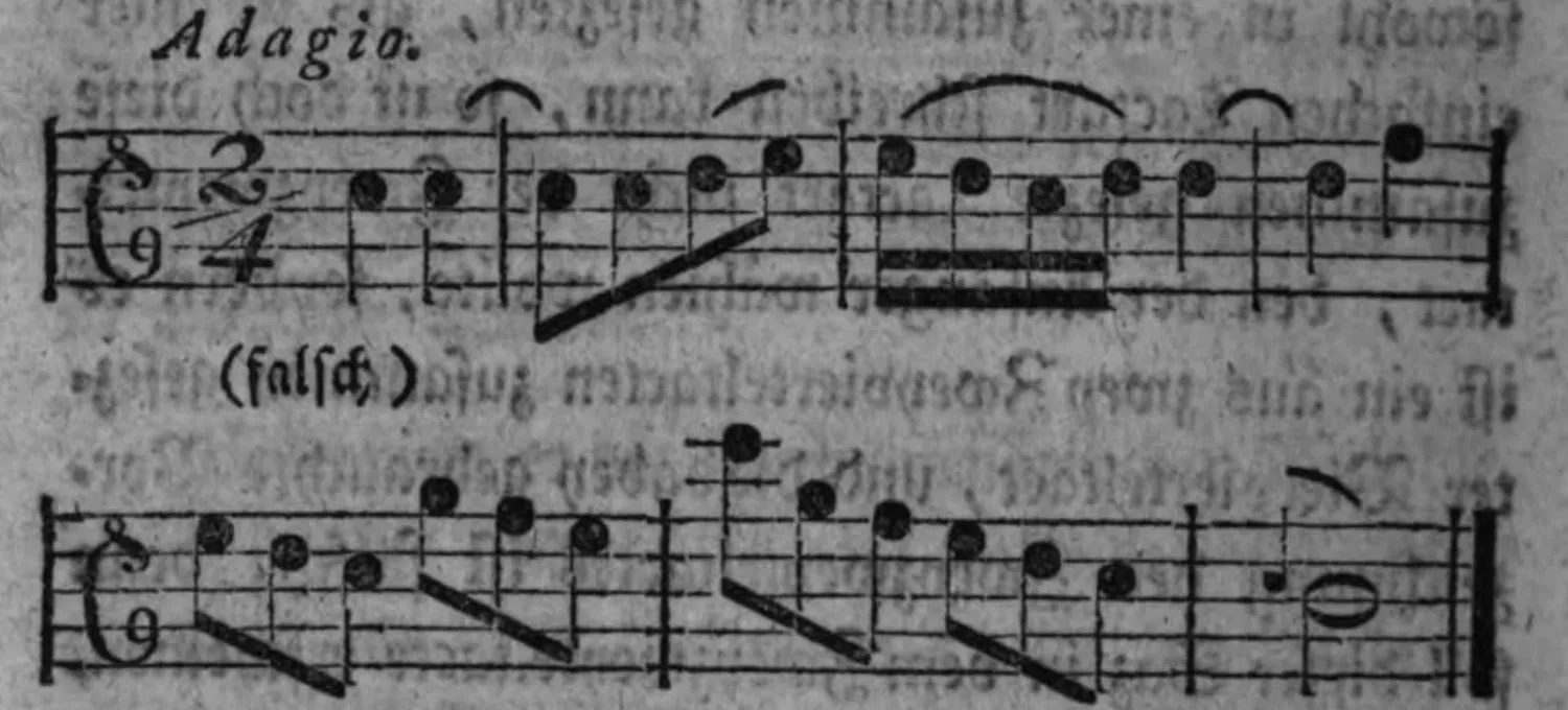 Notenbeyspiel: Adagio, (falsch), Tactglieder fälschlich als Tacttheile in zwey Tacte gesezt