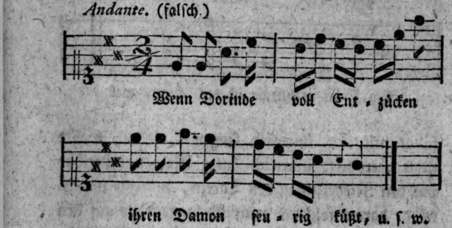 Notenbeyspiel: Andante, (falsch.), dieselbe Melodie im Zweyvierteltact, mit der Cäsur auf dem schlechten Tacttheil