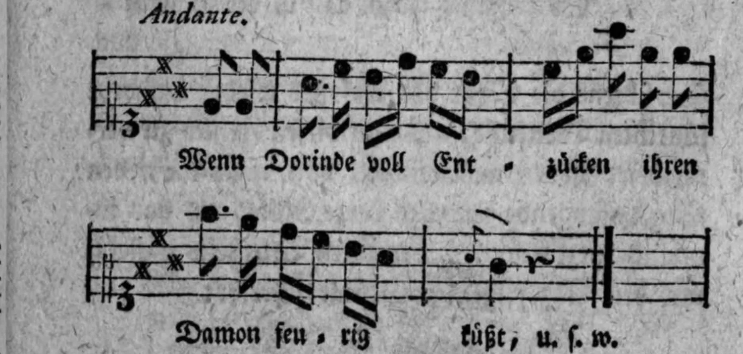 Notenbeyspiel: Andante, korrigierte Tactabtheilung derselben Melodie, mit der Cäsur auf dem guten Tacttheil