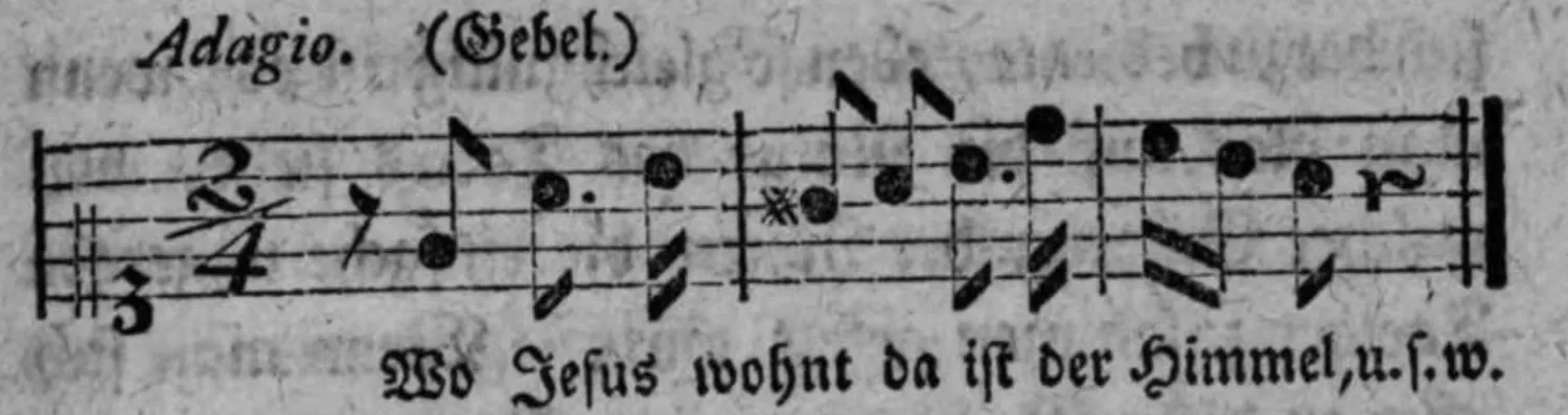 Notenbeyspiel: Adagio, (Gebet.), korrigierte Fassung derselben Melodie, mit der kurzen Anfangsnote als Tactglied des guten Tacttheils