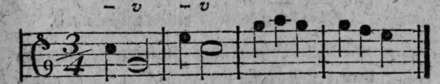 Notenbeyspiel: Zweyzweyteltact (9/4), Fall b) mit größerem äusserlichem Werth auf der zweyten Note (Viertel + punktierte Halbe), mit interlinearen Sylbengrößenzeichen (– ⏑ – ⏑)
