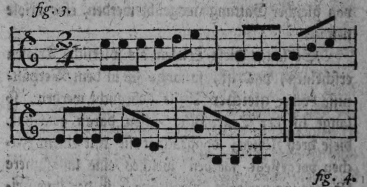Notenbeyspiel: Zweyvierteltact, dieselbe Melodie wie fig. 1. mit den Hauptnoten in drey gleiche Theile (Triolen) zergliedert, in der ursprünglichen (geraden) Tactart notiert