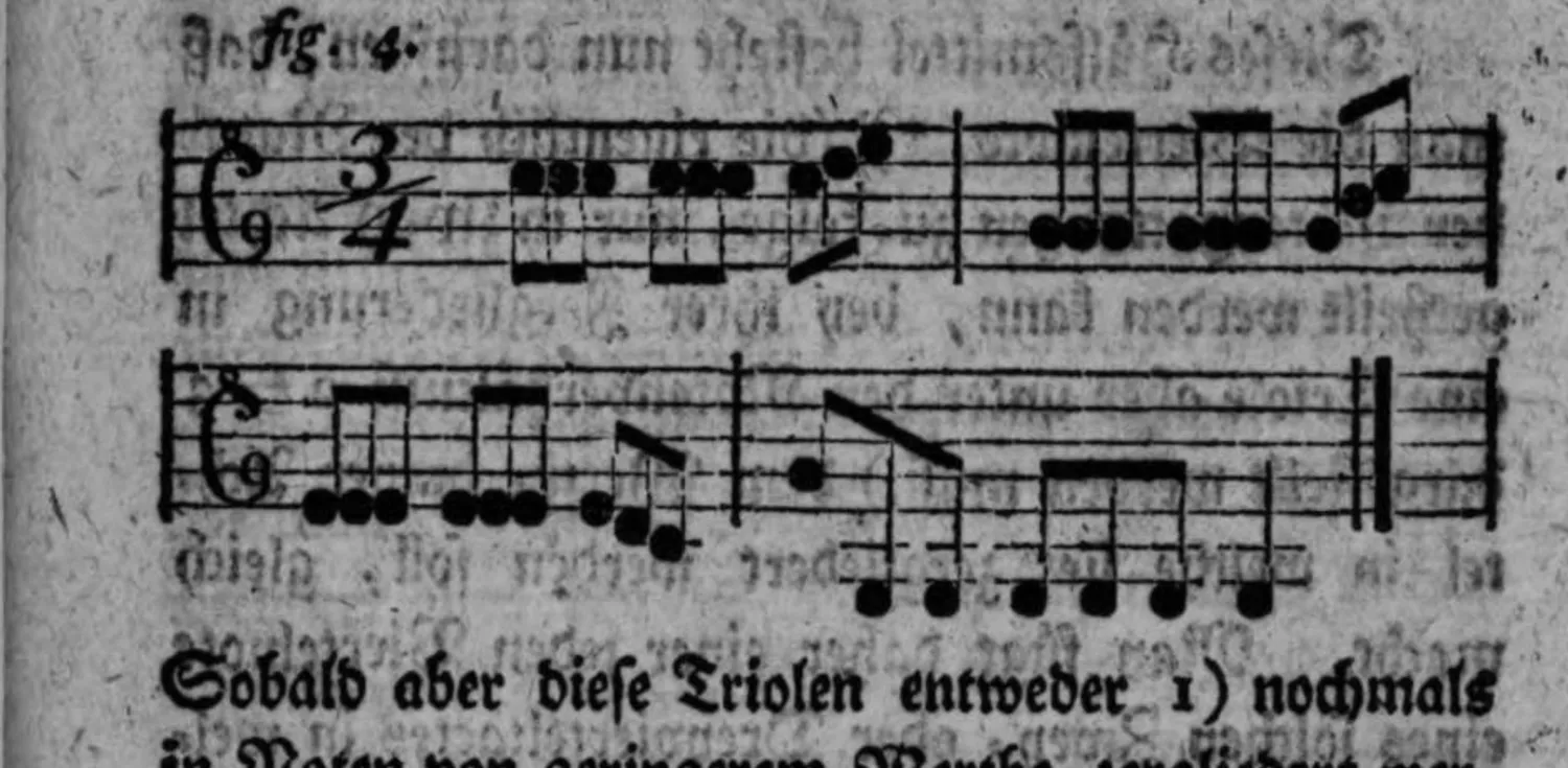 Notenbeyspiel: Dreyvierteltact, dieselbe Melodie wie fig. 2. mit den Hauptnoten in drey gleiche Theile (Triolen) zergliedert, in der ursprünglichen (geraden) Tactart notiert