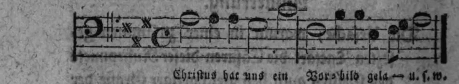 Notenbeyspiel: Vierzweyteltact (mit »C« bezeichnet), Baßstimme aus der Fuge »Christus hat uns ein Vorbild gelassen« aus Grauns »Der Tod Jesu«, mit unterlegtem Text