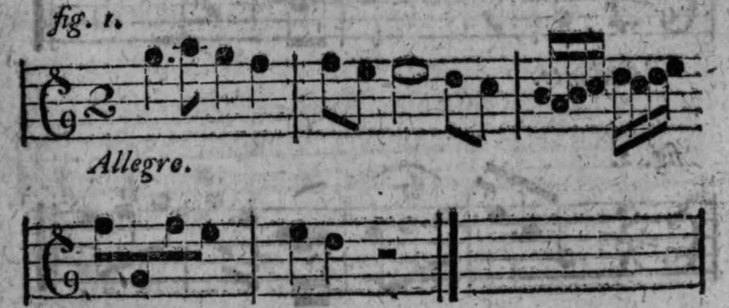 Notenbeyspiel: Allegro, Zweyvierteltact, ein rythmischer Theil (»Vierer«) in vier Tacten einer einfachen Tactart