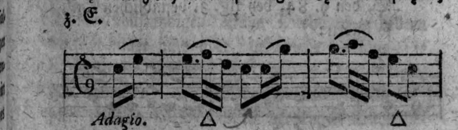 Notenbeyspiel: Adagio, enger Satz mit zwey Einschnitten (△), erstes System