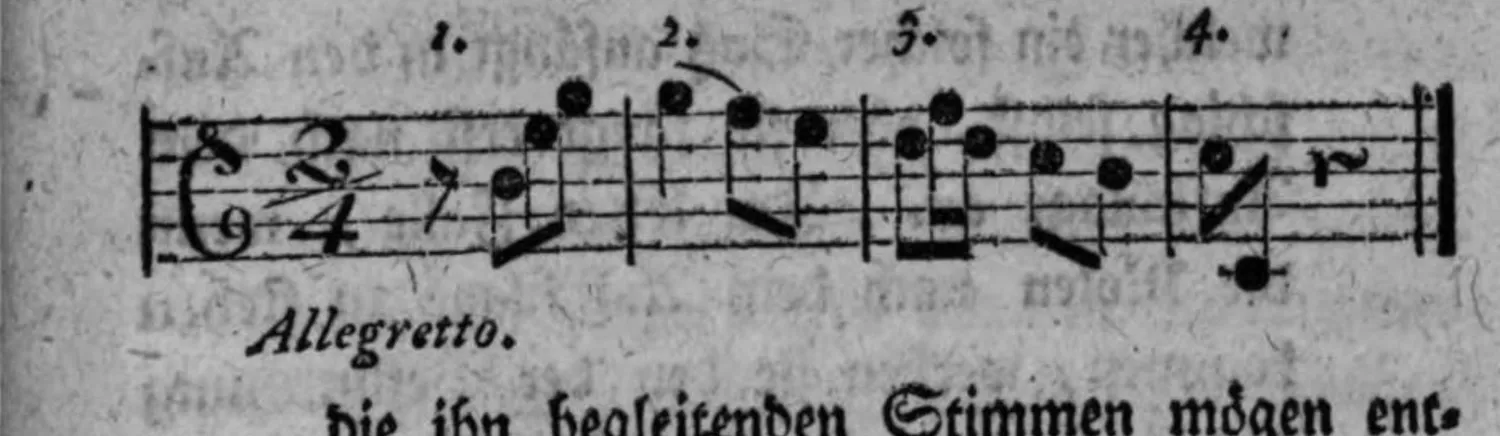 Notenbeyspiel: Allegretto, ein Vierer mit auftactigem Beginn im guten Tacttheil, bezifferte Tacte 1.–4.