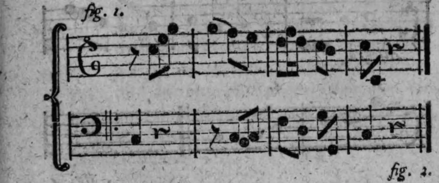 Notenbeyspiel: fig. 1, zweystimmiger Saz (Violin- und Baßschlüssel), begleitende Stimme schlägt statt der Pause an
