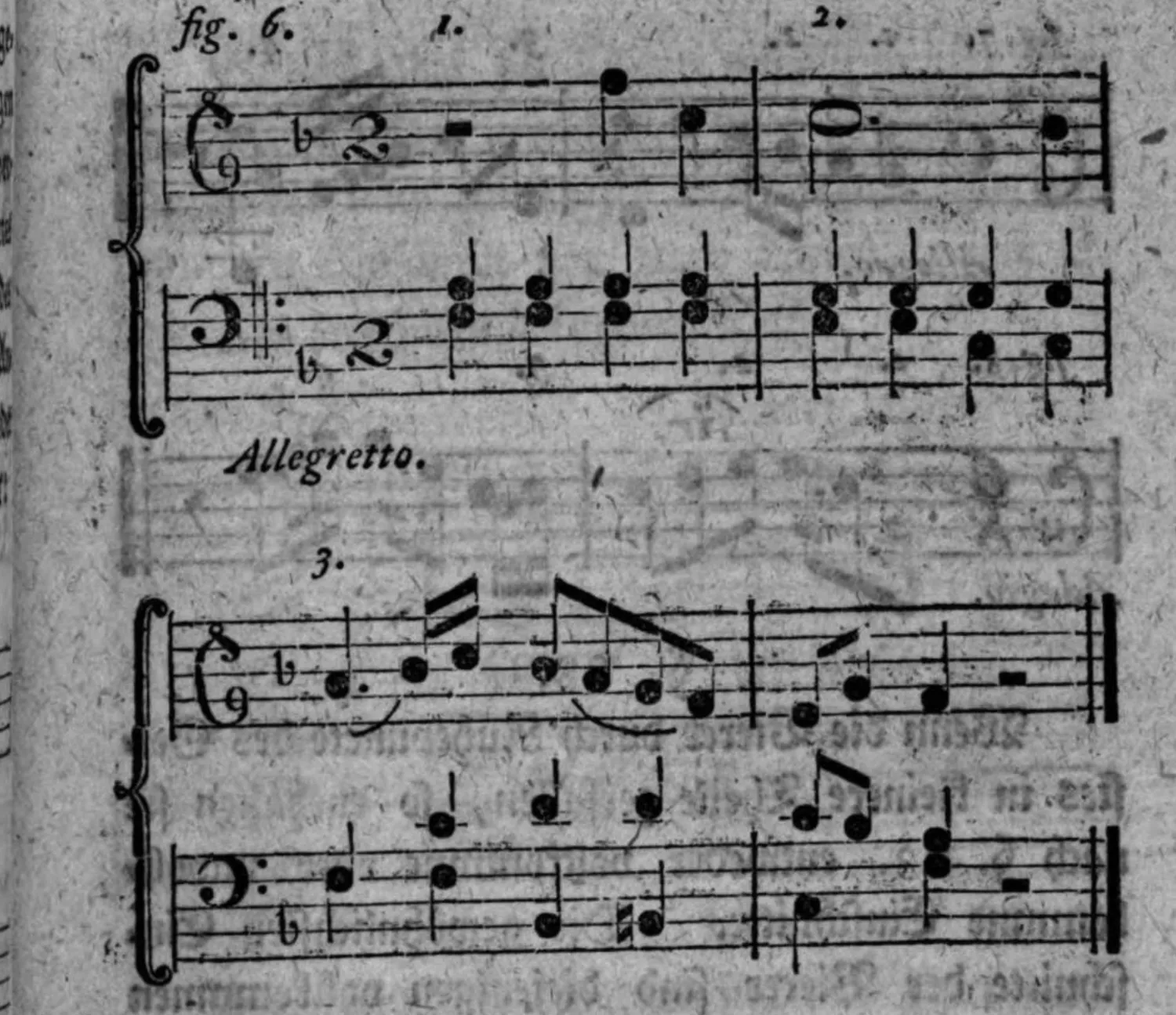 Notenbeyspiel: fig. 6, Allegretto, Beyspiele 1–3, voller Tact durch Pause anstelle des Aufschlags