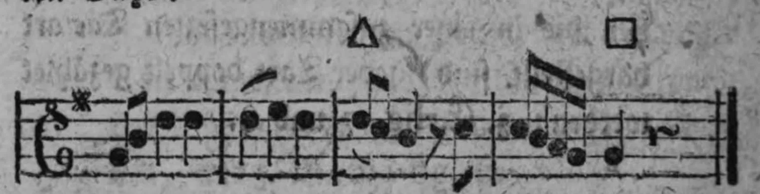 Notenbeyspiel: enger Satz mit vollständigem Einschnitt von drey Tacten (△/□)