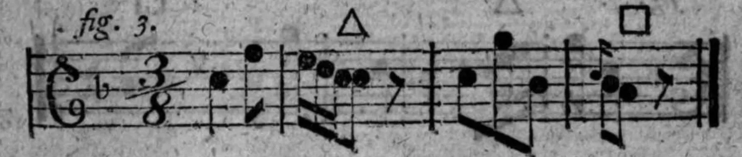Notenbeyspiel: fig. 3, Fünfer mit vollkommnem Einschnitt von zwey Tacten (△/□)