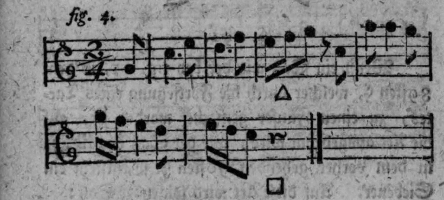 Notenbeyspiel: fig. 4, Verbindung zweyer unvollständiger Theile von drey Tacten (△/□)