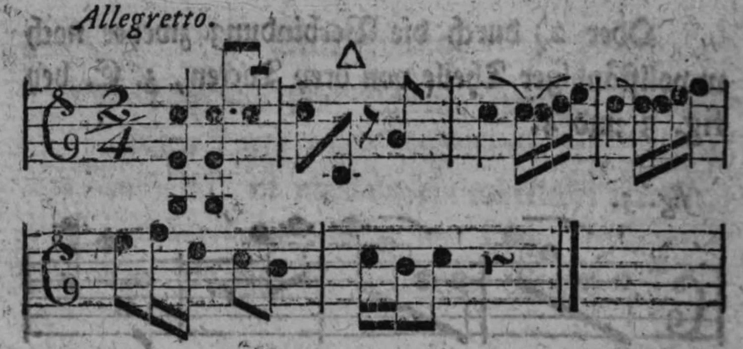 Notenbeyspiel: enger Saz von sechs Tacten, vorher gehendes unvollständiges Glied von zwey Tacten mit vollständigem Vierer verbunden (△)