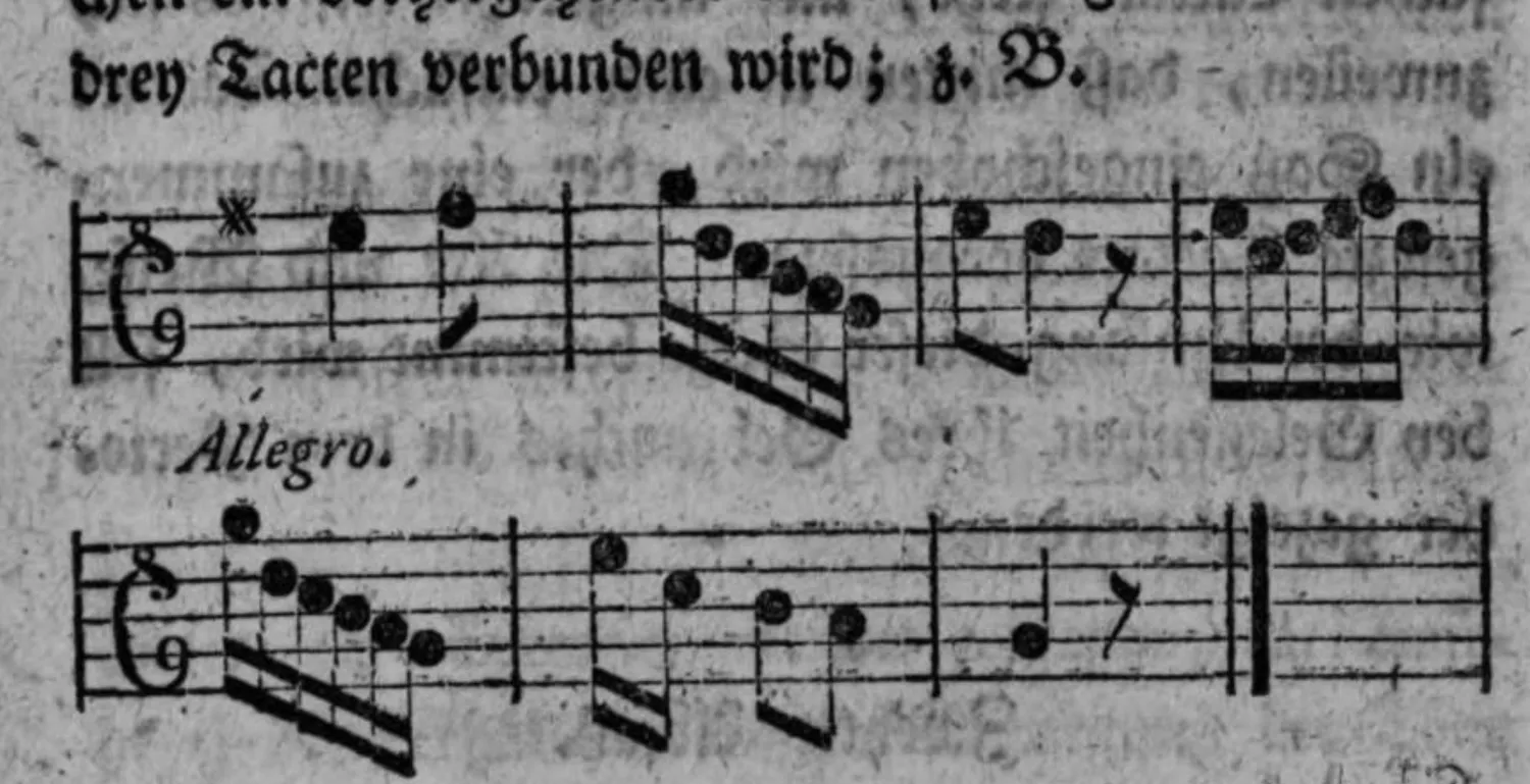 Notenbeyspiel: Siebener aus vollständigem Vierer und vorhergehendem unvollständigem Glied von drey Tacten