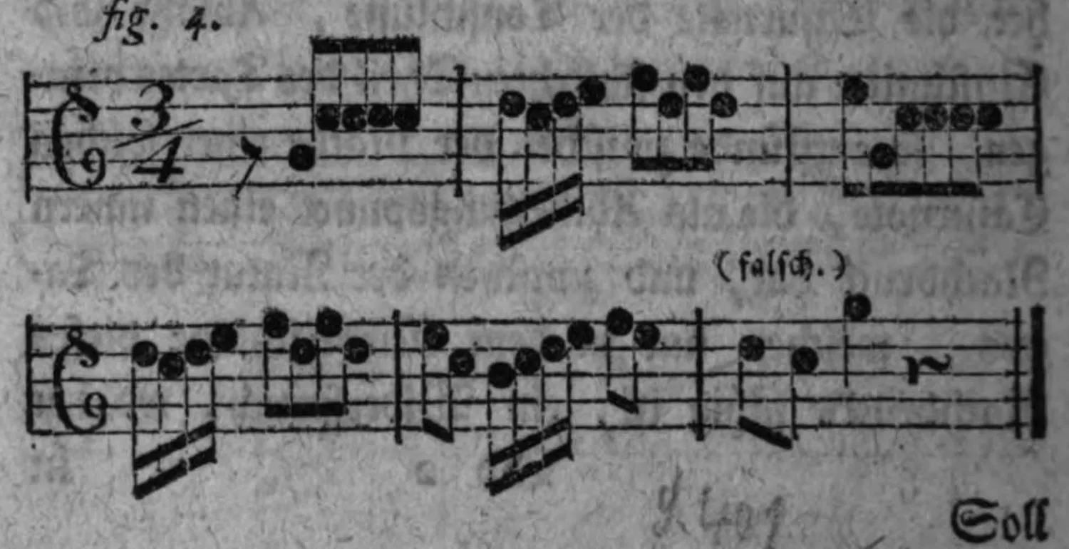 Notenbeyspiel: fig. 4, derselbe Satz in der Tactabtheilung von fig. 2 eingekleidet, wodurch die Cäsurnote auf den schlechten Tacttheil zu stehen kommt (falsch.)
