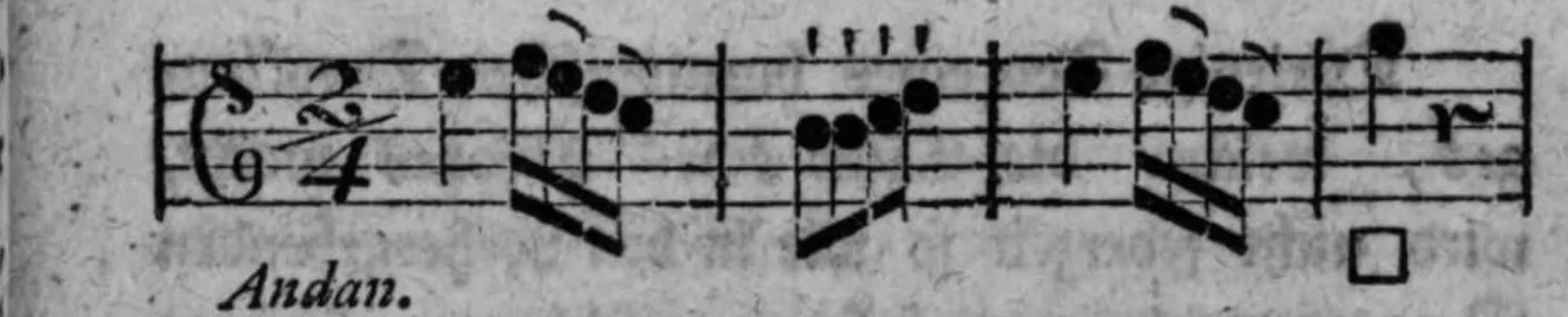 Notenbeyspiel: Absatz mit Cäsur vermittelst eines Tones des zum Grunde liegenden Dreyklanges, erstes Beyspiel (□)