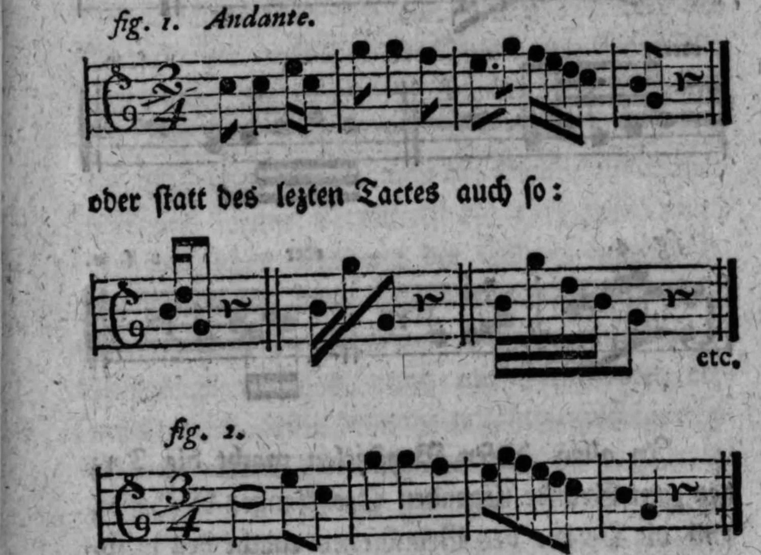 Notenbeyspiel: fig. 1, Cäsurnote mit Nachschlag anderer Dreyklangstöne verziert, mit alternativer Fassung des lezten Tactes (»oder statt des lezten Tactes auch so«)