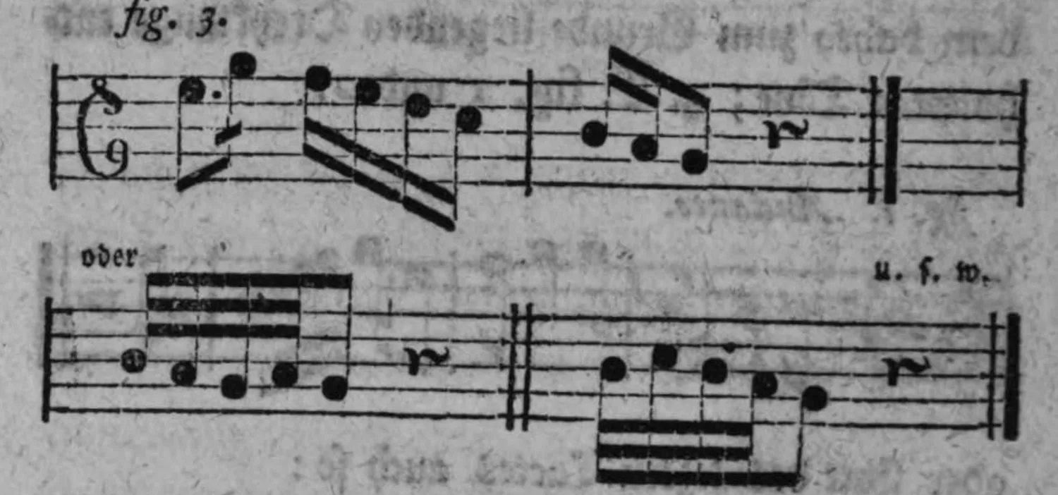 Notenbeyspiel: fig. 3, Cäsur mit Ueberhang/weiblichem Ausgang, mit durchgehenden und Wechselnoten vermischt, samt alternativer Fassung (»oder« ... »u. f. w.«)