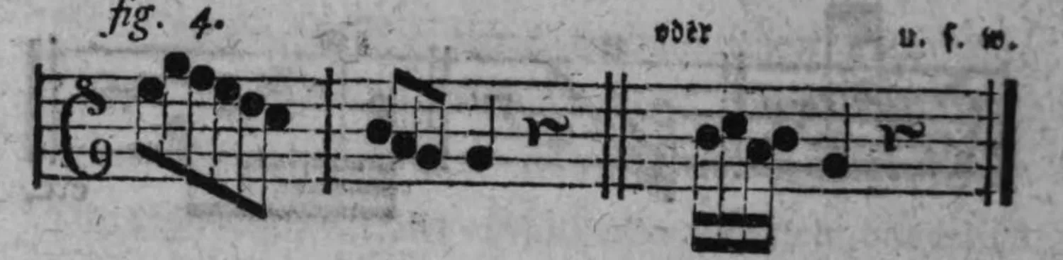 Notenbeyspiel: fig. 4, Cäsur mit Ueberhang/weiblichem Ausgang, mit durchgehenden und Wechselnoten vermischt, samt alternativer Fassung (»oder« ... »u. f. w.«)