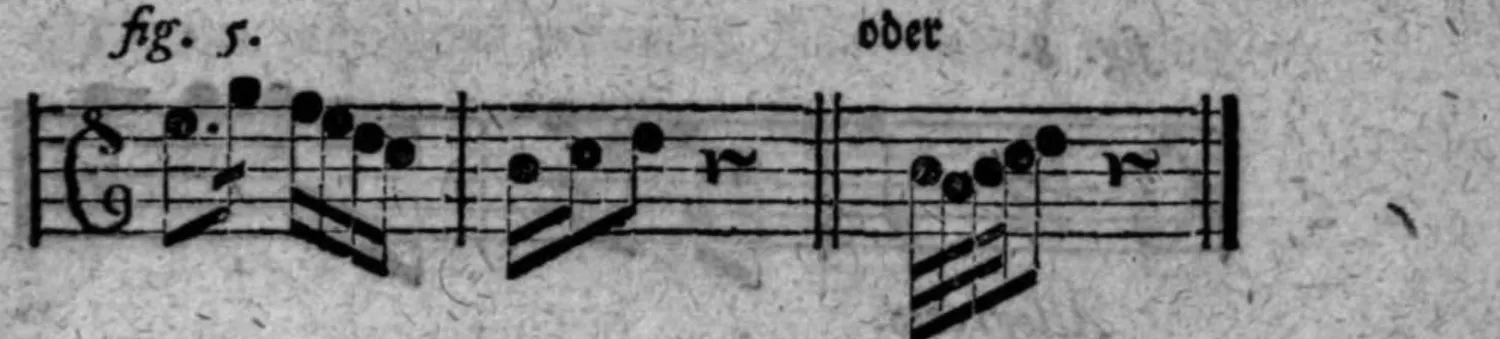 Notenbeyspiel: fig. 5, Cäsur vermittelst der Terz, weiblicher Ausgang vermittelst der Quinte, samt alternativer Fassung (»oder«)