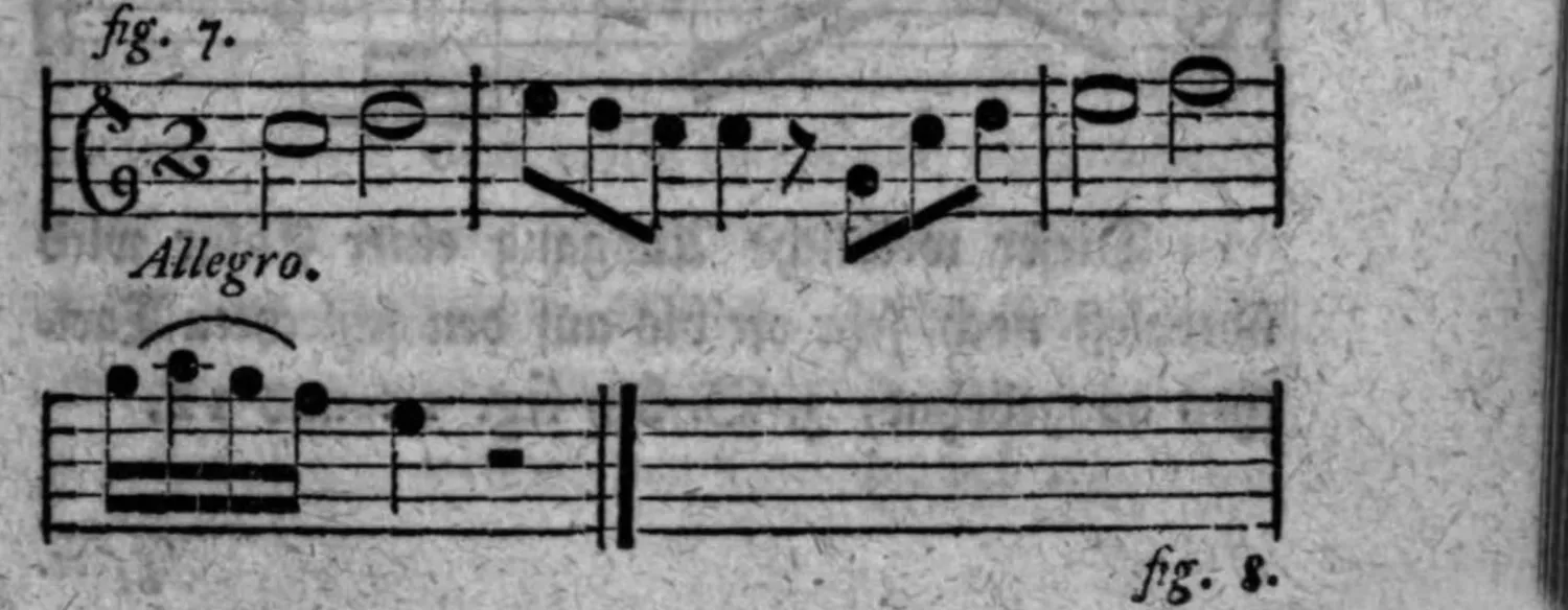 Notenbeyspiel: fig. 7, Cäsur vermittelst der Quinte, weiblicher Ausgang vermittelst der Terz, zwey Systeme