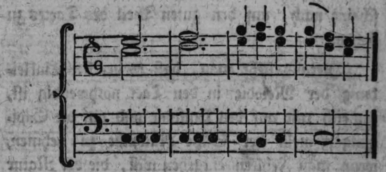 Notenbeyspiel: Cäsur mit Grundstimme, zwey Systeme (Ober-/Unterstimme)
