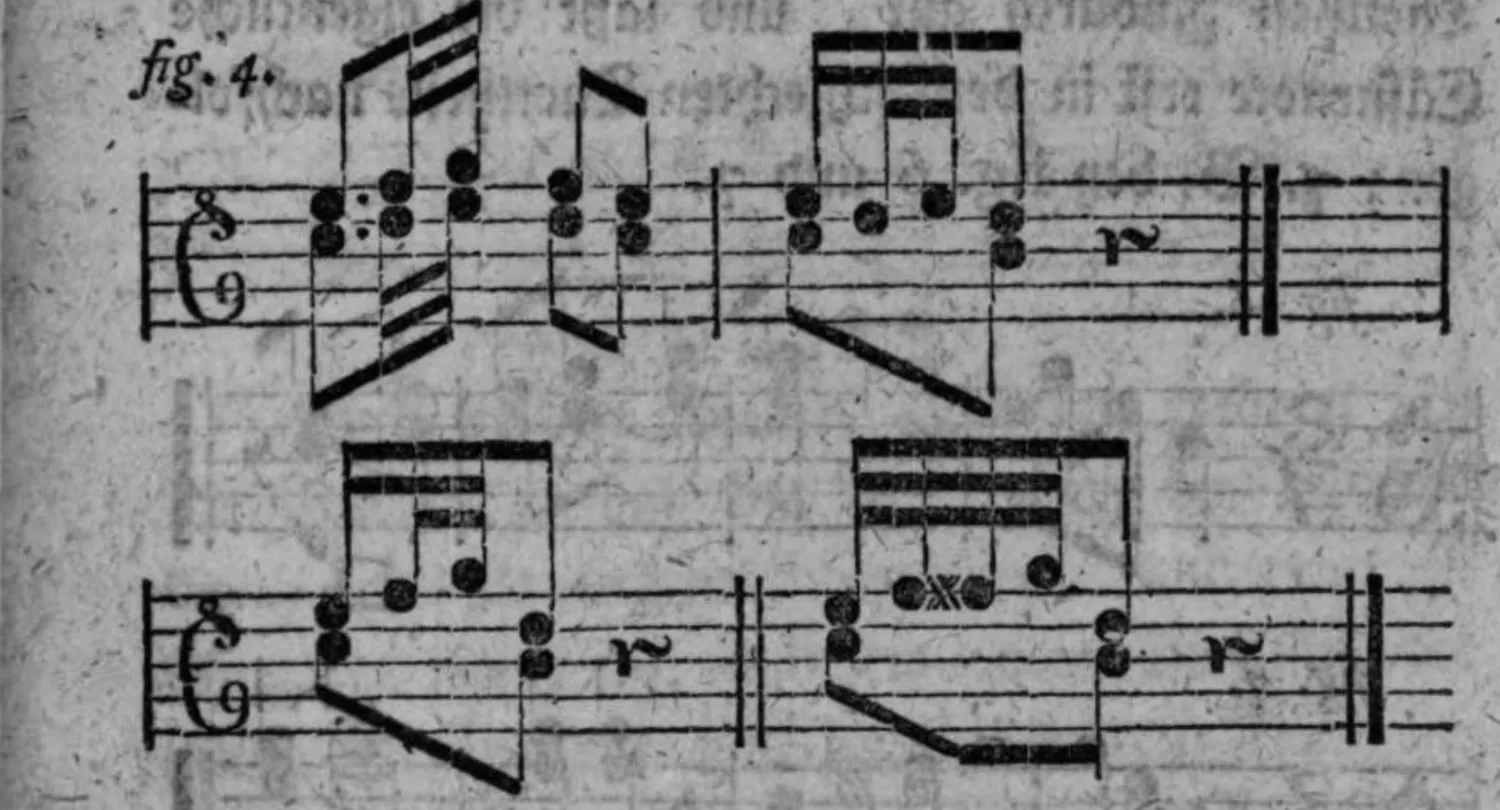 Notenbeyspiel: fig. 4, verschiedene Arten der Nebennoten-Einmischung zwischen Wechselnote und Cäsurnote, vier Varianten in einem Bild zusammengefaßt