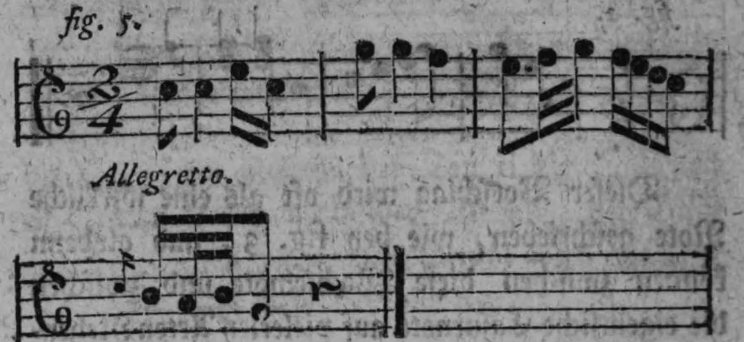 Notenbeyspiel: fig. 5, Vorschlag vor einer Cäsurnote mit weiblichem Ausgang, zwey Systeme