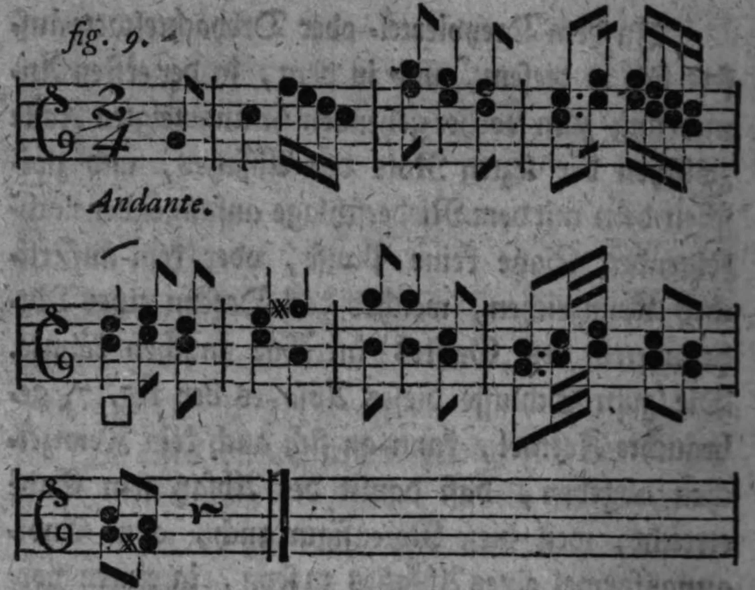 Notenbeyspiel: fig. 9, Cäsurnote durch Vorhalt bis zum schlechten Tacttheile verzögert, Aufschlag-Beginn des Folgesazes, drey Systeme (»Andante.«), mittleres System mit □