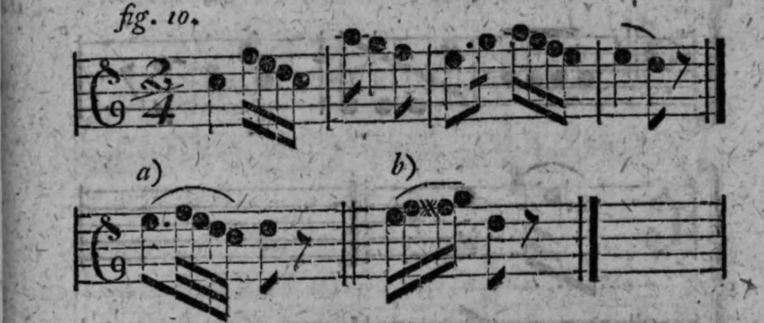 Notenbeyspiel: fig. 10, Endigungsformel des Absazes samt zwey Veränderungen a) und b)