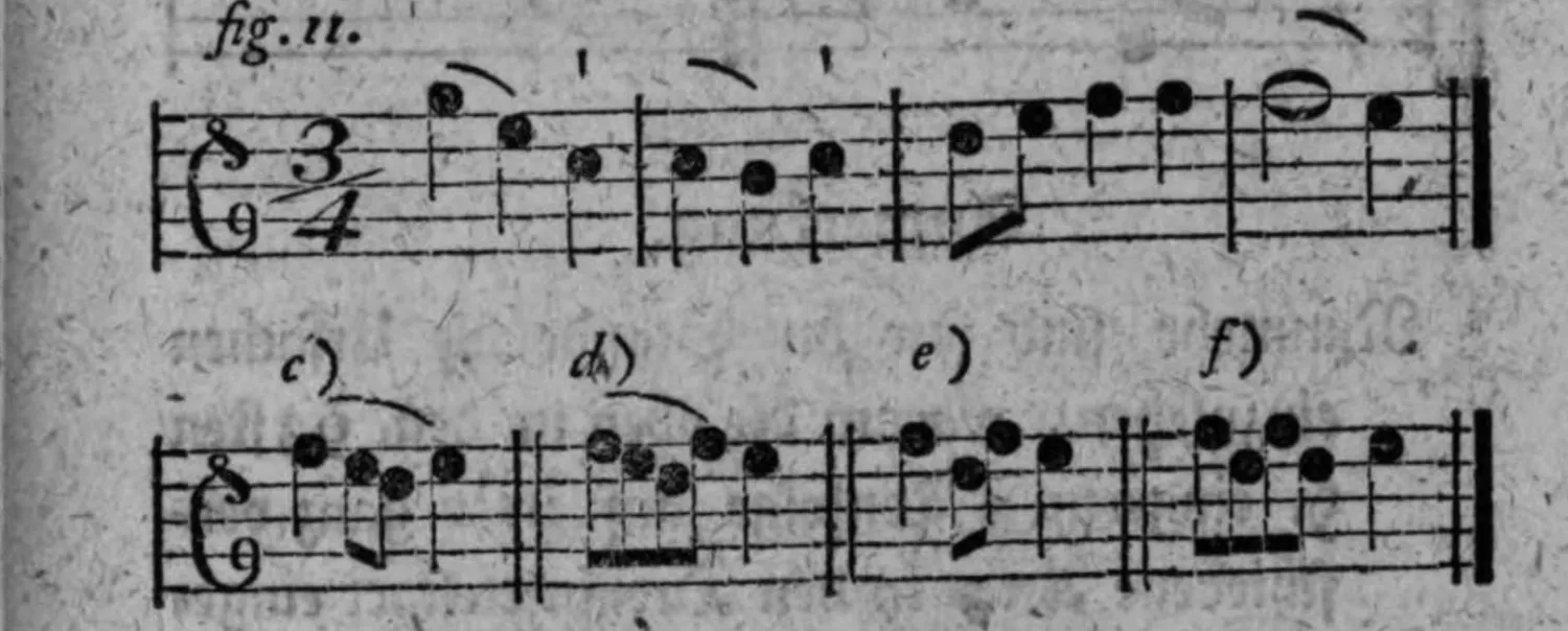 Notenbeyspiel: fig. 11, weitere Endigungsformel samt vier gewöhnlichsten Veränderungen c), d), e) und f)