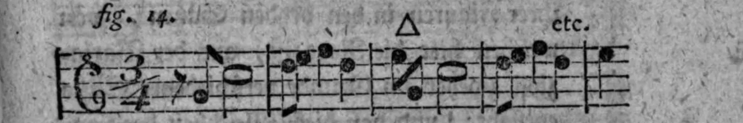 Notenbeyspiel: fig. 14, auf die melodischen Hauptnoten zurückgeführte Gestalt des in §. 93 bey fig. 2 eingerückten Sazes, mit △ und »etc.«