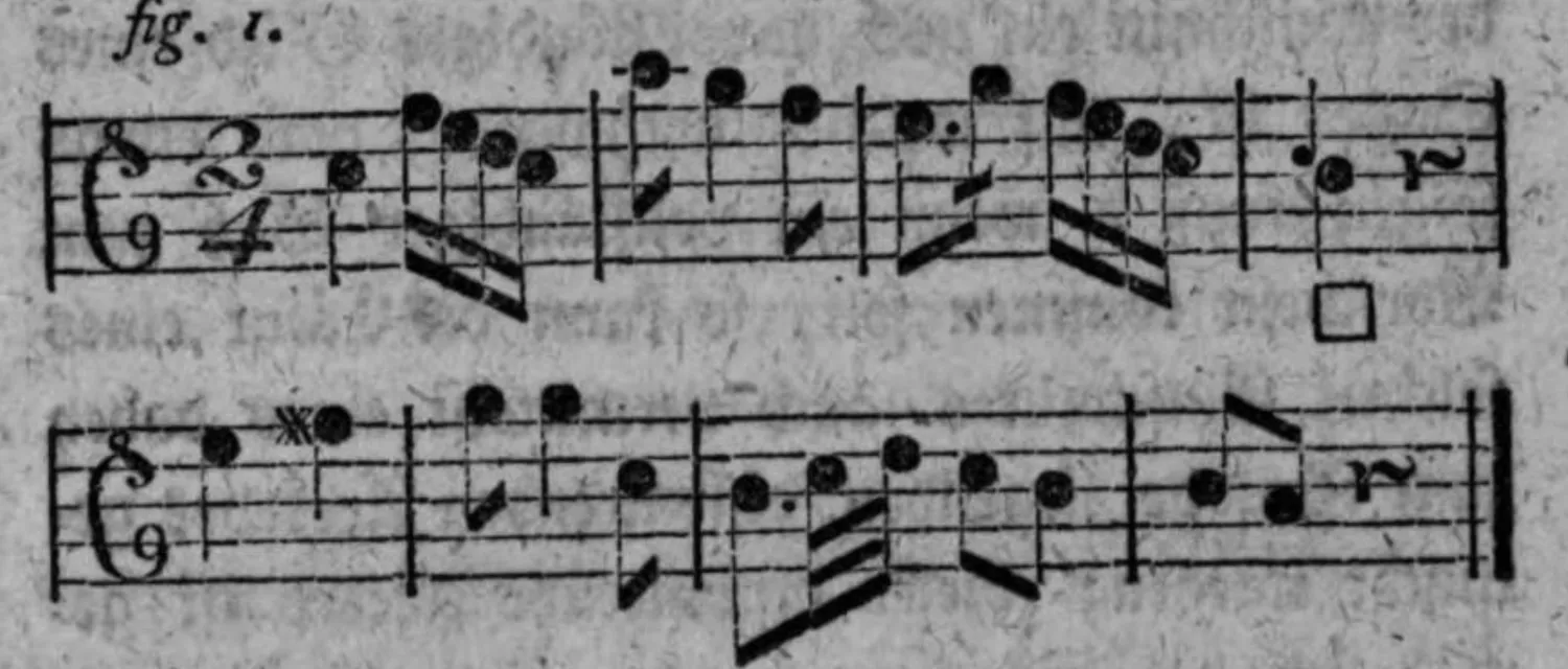 Notenbeyspiel: fig. 1, bloße Cäsurnote, zwey Systeme, mit □
