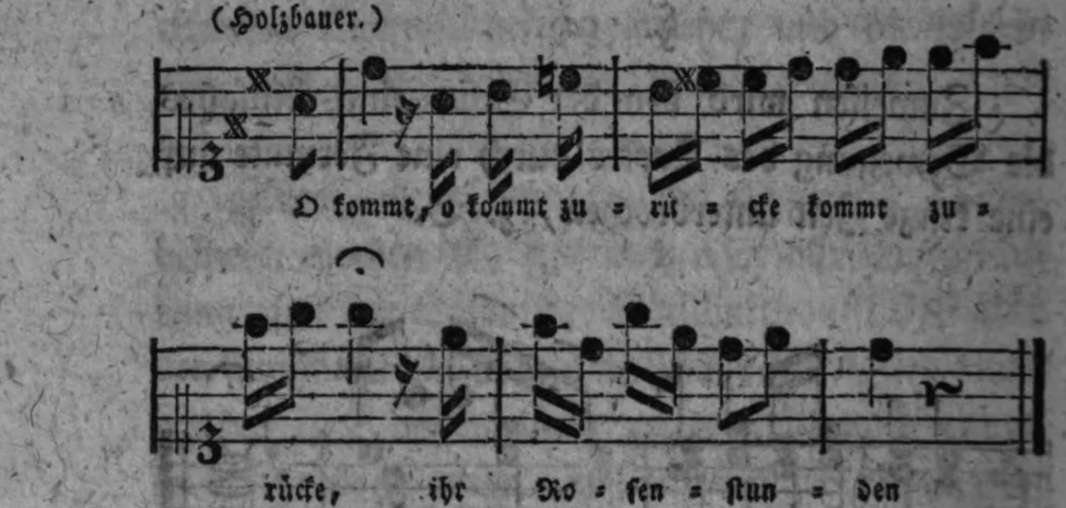 Notenbeyspiel: Fermate auf dem Ruhepuncte des Geistes eines noch unvollständigen Theiles, mit unterlegtem Text (»O kommt, o kommt zurücke, ihr Rosenstunden«), Attribution »(Holzbauer.)«, zwey Systeme