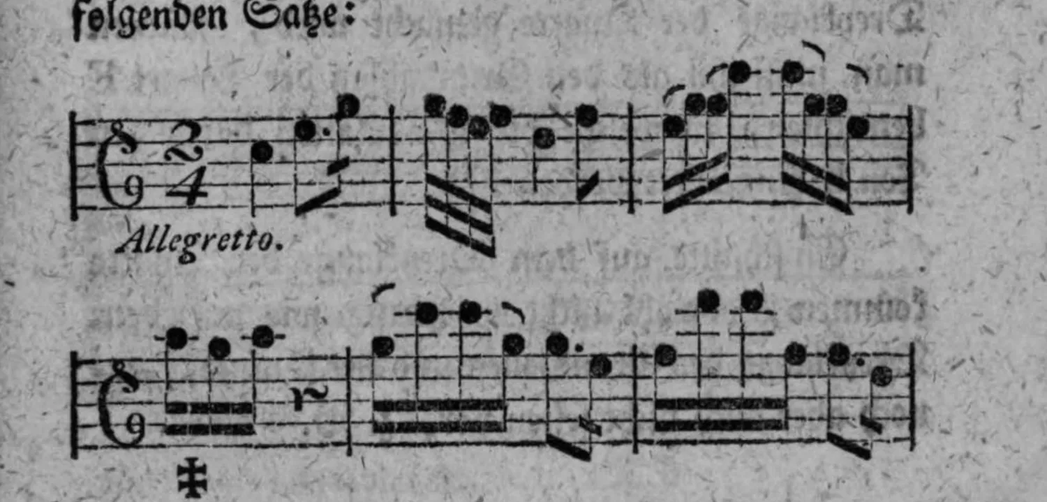 Notenbeyspiel: Allegretto, Absaz auf dem Dreyklange der Quarte, den das Gefühl einigermaßen für vollständig erkennt, mit dem Zeichen ‡, zwey Systeme
