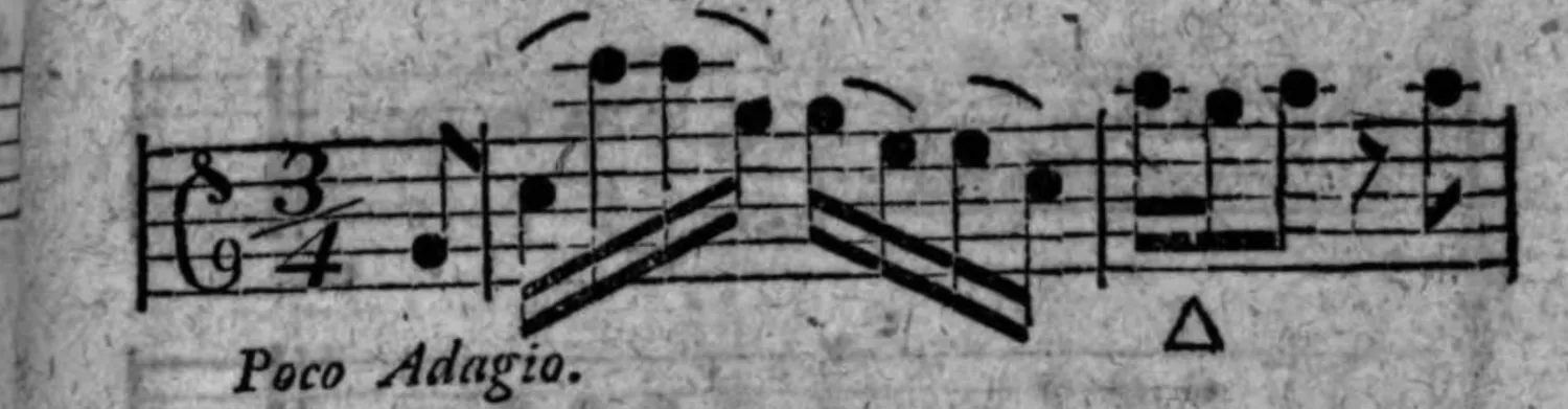 Notenbeyspiel: Poco Adagio, Einschnitte auf dem Dreyklange der Quarte, zwey Systeme, je mit △