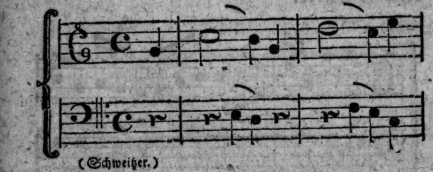 Notenbeyspiel: Absaz mit dem Sextenaccorde statt des Grundtones, zweystimmig (Ober-/Unterstimme), Attribution »(Schweizer.)«