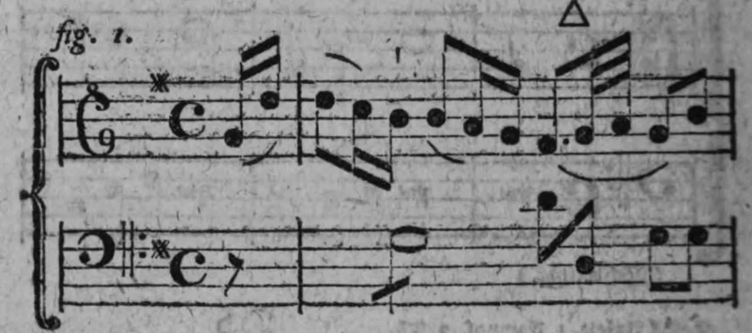 Notenbeyspiel: fig. 1, Cäsur des Einschnittes mit dem Grundtone des Dreyklanges begleitet, zweystimmig (Ober-/Unterstimme), mit △
