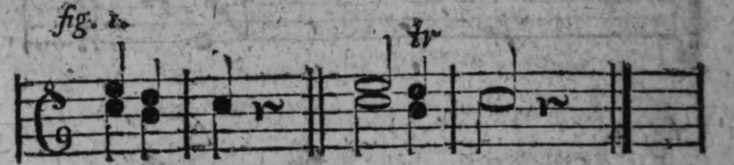 Notenbeyspiel: fig. 1, dreygliedrige Cadenzformel (Vorbereitungsnote, Cadenznote, Schlußton/Cäsurnote), mit Triller