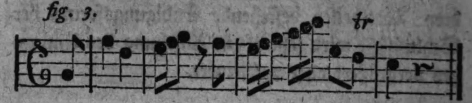 Notenbeyspiel: fig. 3, Cadenz mit auf ein Tactglied verkleinerter Vorbereitungsnote und Cadenznote, mit Triller