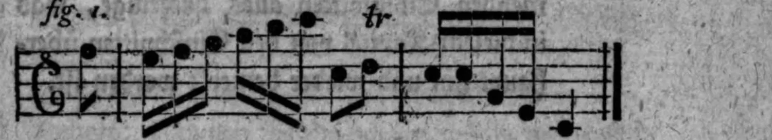 Notenbeyspiel: fig. 1, Cäsurnote der Cadenz mit aus der Baßbegleitung hergenommenem Ueberhange, mit Triller