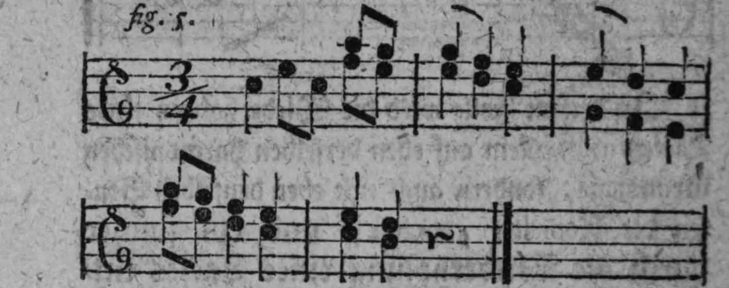 Notenbeyspiel: fig. 5, Wiederholung eines Tactes mit Stimmenumkehrung (Fünfer), zwey Systeme