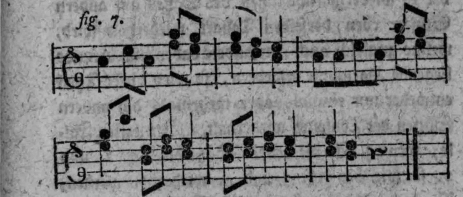 Notenbeyspiel: fig. 7, zweytes Beyspiel der Wiederholung zweyer Tacte, zwey Systeme