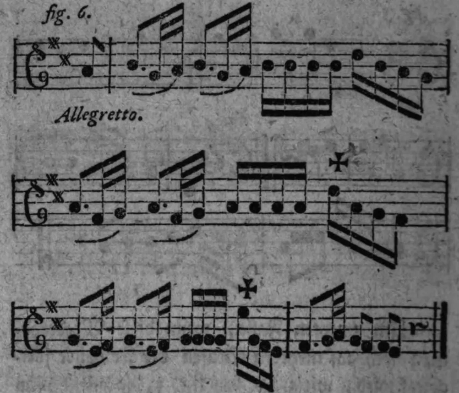 Notenbeyspiel: fig. 6, Progreßion mit ✝-bezeichneten abgeänderten Noten, Allegretto, drey Systeme