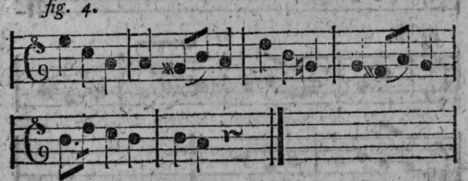 Notenbeyspiel: fig. 4, Transposition der fig. 2 in die Quinte, zwey Systeme