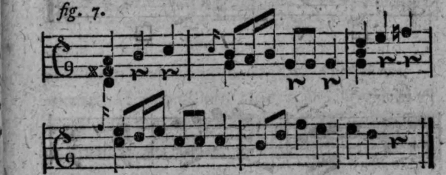 Notenbeyspiel: fig. 7, Transposition in die Tonart der nächsten Stufe, zwey Systeme