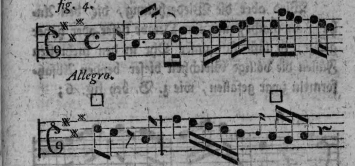 Notenbeyspiel: fig. 4, zweytes Beyspiel des unvollständigen Anhangs, Allegro, mit □-Zeichen, zwey Systeme